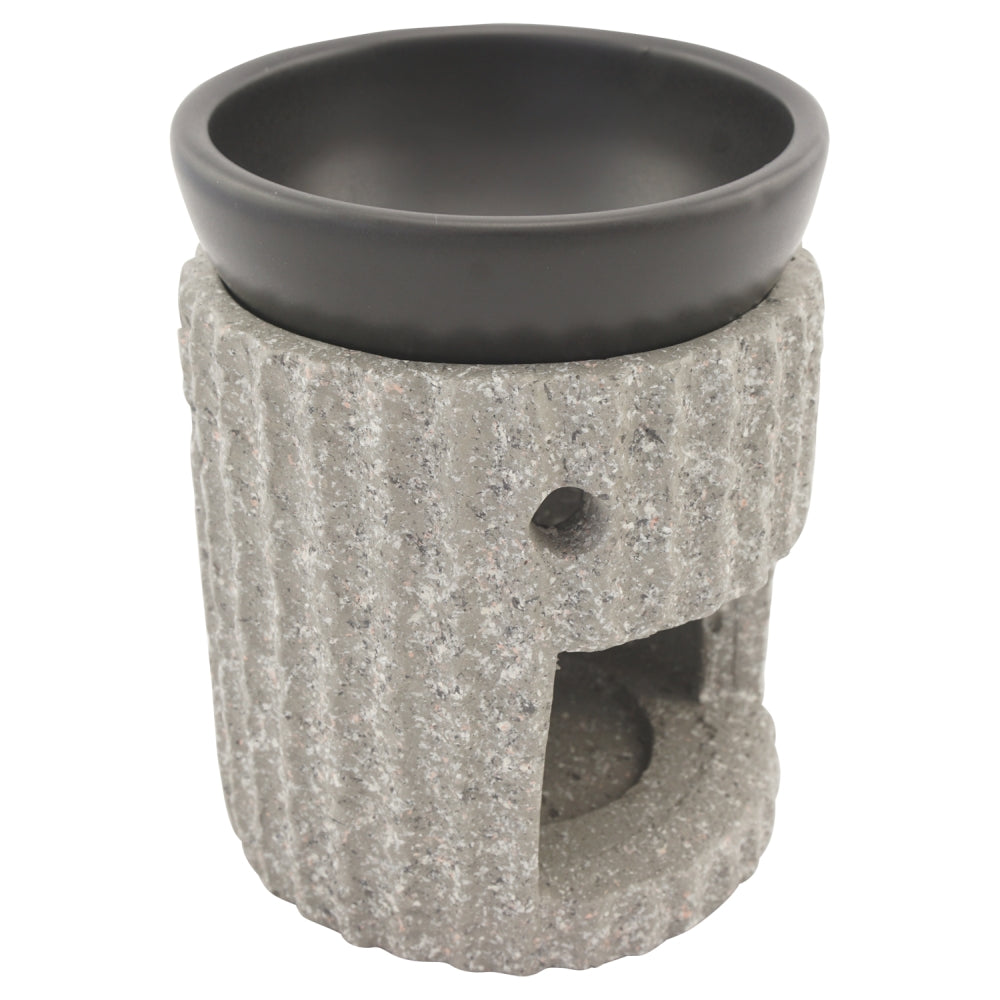 Duftlampe und Räucherstövchen Steinoptik mit Schale, Edelstahlsieb, Metallscheibe und Podest – Design „Ajala” – H 10/12,5 cm