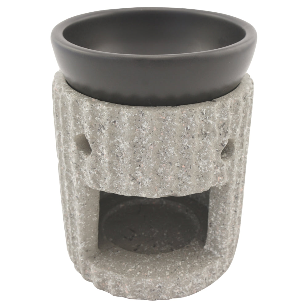 Duftlampe und Räucherstövchen Steinoptik mit Schale, Edelstahlsieb, Metallscheibe und Podest – Design „Ajala” – H 10/12,5 cm