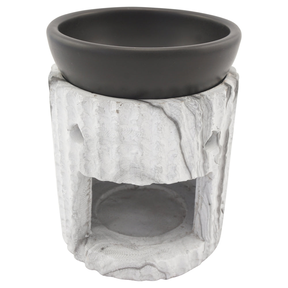 Duftlampe und Räucherstövchen aus Keramik/Steinoptik mit Schale, Edelstahlsieb, Metallscheibe und Podest – Design „Desna” – H 10/12,5 cm