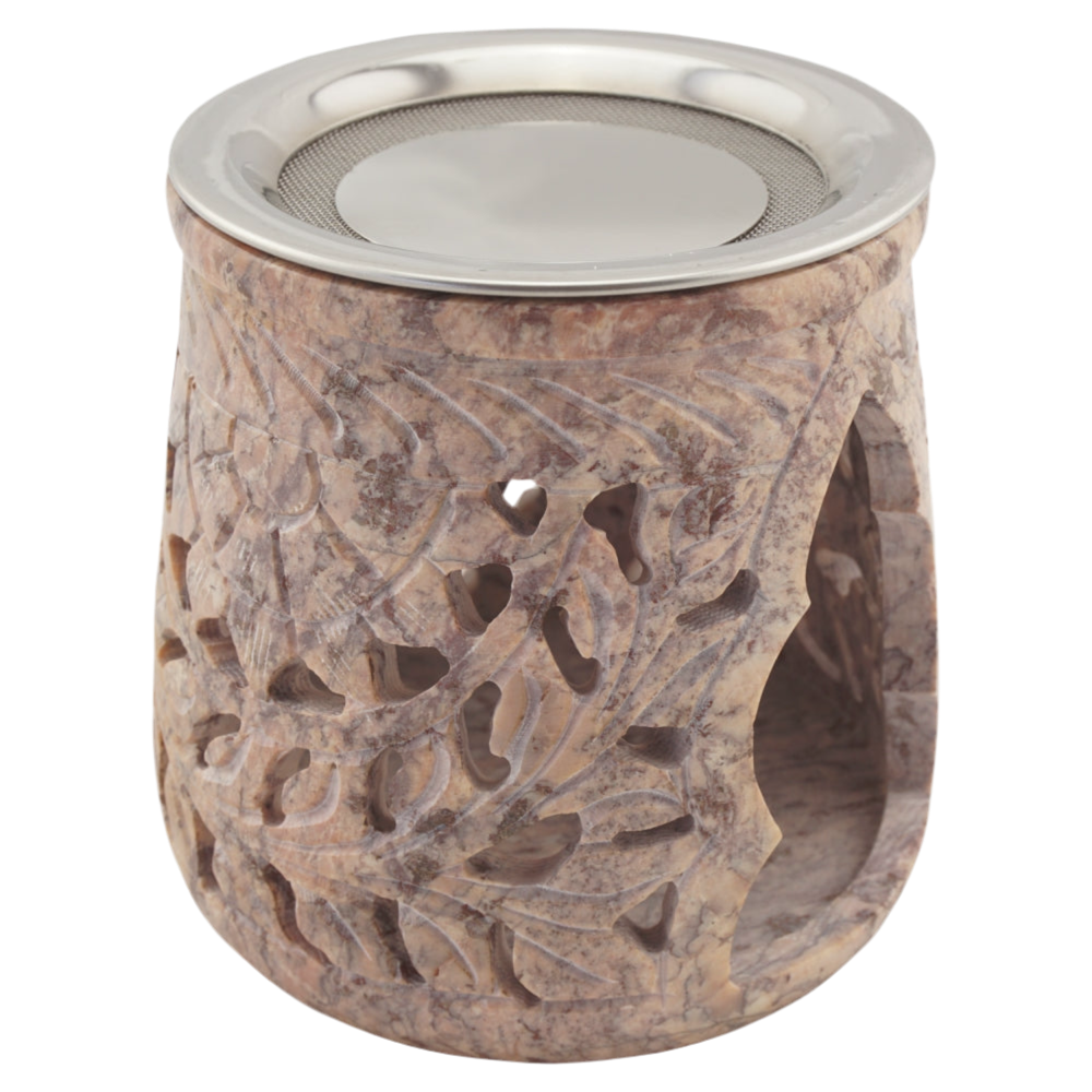 Räucherstövchen “Jamal” aus indischem Speckstein – Rosétöne, handgefertigt – Mit Edelstahlsieb & Metallscheibe für sanftes Räuchern von Weihrauch & Kräutern