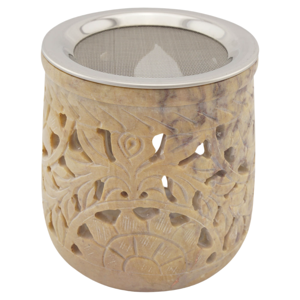 Räucherstövchen “Jamal” aus indischem Speckstein – Beigetöne, handgefertigt – Mit Edelstahlsieb & Metallscheibe für sanftes Räuchern von Weihrauch & Kräutern