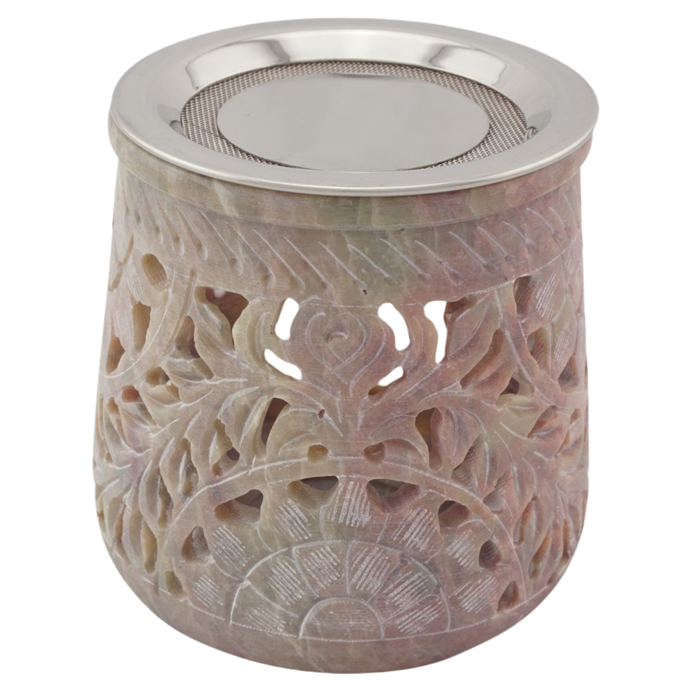 Geschenkset Räucherstövchen Speckstein „Jamal“ – mit Metallsieb, Metallscheibe, 20 g Premium Weihrauch Al-Hojari & 20 g Weihrauch Athos Rosen – In hochwertiger Geschenkbox mit Räucheranleitung