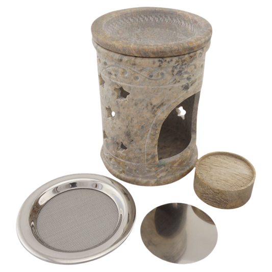 Duftlampe & Räucherstövchen „Sonne“ aus Speckstein – Mit Schale, Edelstahlsieb, Metallscheibe & Podest für sanftes Räuchern & Aromatherapie