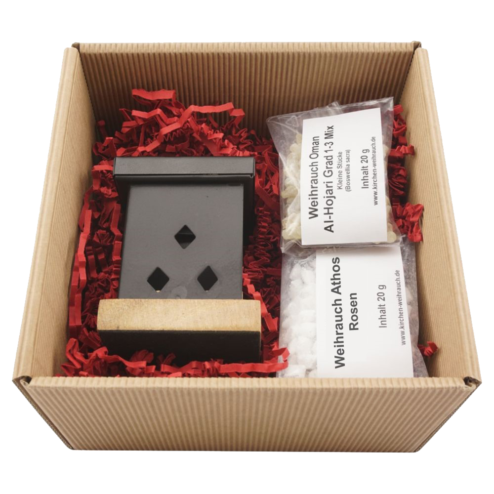 Geschenkset Räucherstövchen Metall „Arian“ – Premium Weihrauch Al-Hojari Mix & Athos Rosen – Orientalisches Design auf Holzsockel – 2-in-1 Räucherstövchen & Duftlampe – In hochwertiger Geschenkbox