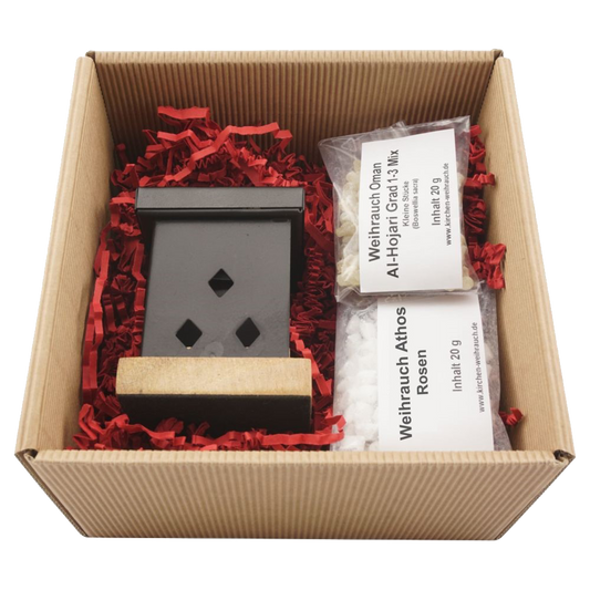 Geschenkset Räucherstövchen Metall „Arian“ – Premium Weihrauch Al-Hojari Mix & Athos Rosen – Orientalisches Design auf Holzsockel – 2-in-1 Räucherstövchen & Duftlampe – In hochwertiger Geschenkbox