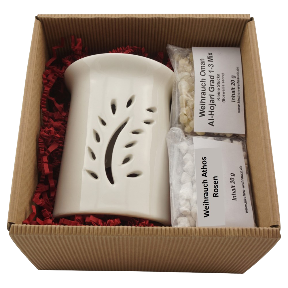 Geschenkset „Friedenszweig“ – mit Weihrauch Athos Rosen & Premium Oman Al-Hojari Mix – Räucherstövchen mit Edelstahlsieb & Metallscheibe – Hochwertige Geschenkbox mit Räucheranleitung