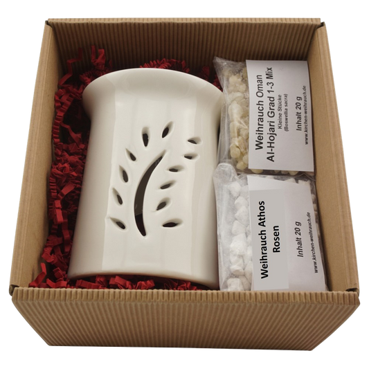 Geschenkset „Friedenszweig“ – mit Weihrauch Athos Rosen & Premium Oman Al-Hojari Mix – Räucherstövchen mit Edelstahlsieb & Metallscheibe – Hochwertige Geschenkbox mit Räucheranleitung