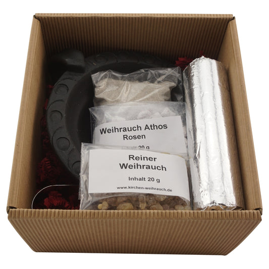 Geschenkset Tonschale  mit  je 20 g Weihrauch Athos Rosen und Reiner Weihrauch, Räuchersand, Räucherkohle 30mm und Räucherzange