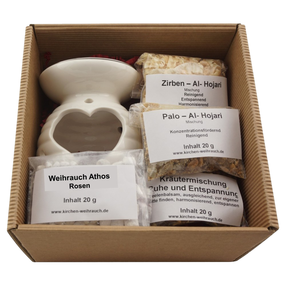 Geschenkset „Harmonie“ 7-tlg. – Kräutermischung Ruhe & Entspannung, Weihrauch-Holz Mischungen & Athos Rosen – Räucherstövchen „Herz“ mit Edelstahlsieb & Metallscheibe – Mit Zubehör & Anleitung – Hochwertige Geschenkbox
