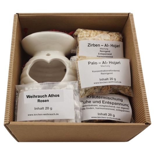Geschenkset „Harmonie“ 7-tlg. – Kräutermischung Ruhe & Entspannung, Weihrauch-Holz Mischungen & Athos Rosen – Räucherstövchen „Herz“ mit Edelstahlsieb & Metallscheibe – Mit Zubehör & Anleitung – Hochwertige Geschenkbox
