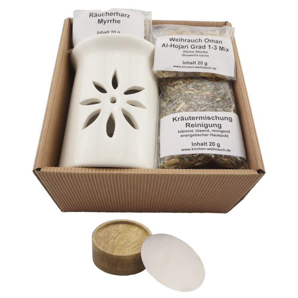 Geschenkset „Hausreinigung“ 6-tlg. – Premium Weihrauch Al-Hojari Mix, Myrrhe & Kräutermischung Reinigung – Mit Zubehör & Anleitung – Hochwertige Geschenkbox