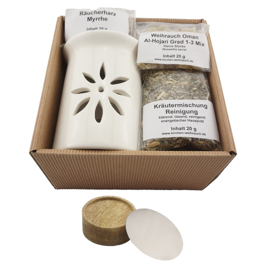 Geschenkset „Hausreinigung“ 6-tlg. – Premium Weihrauch Al-Hojari Mix, Myrrhe & Kräutermischung Reinigung – Mit Zubehör & Anleitung – Hochwertige Geschenkbox