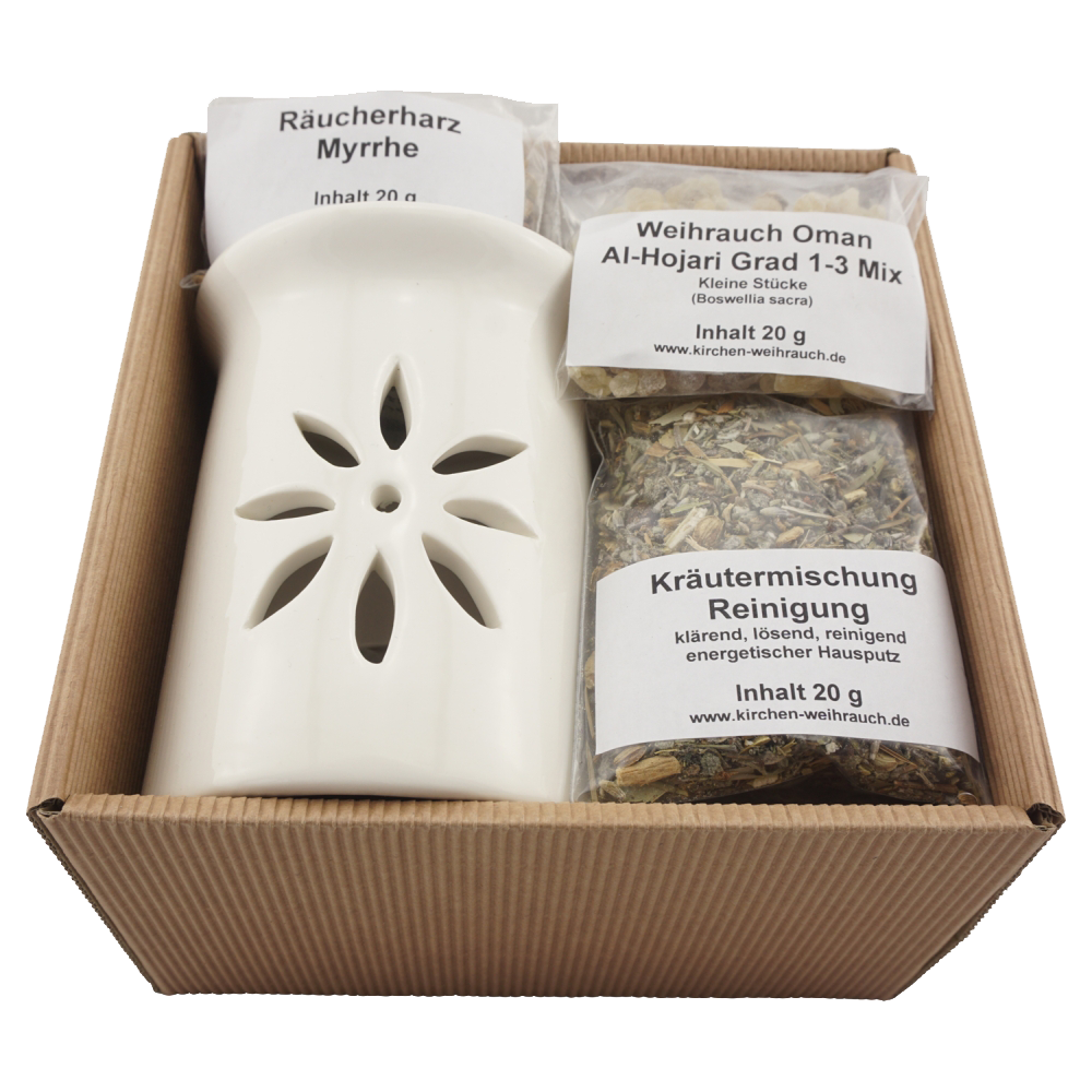 Geschenkset „Hausreinigung“ 6-tlg. – Premium Weihrauch Al-Hojari Mix, Myrrhe & Kräutermischung Reinigung – Mit Zubehör & Anleitung – Hochwertige Geschenkbox