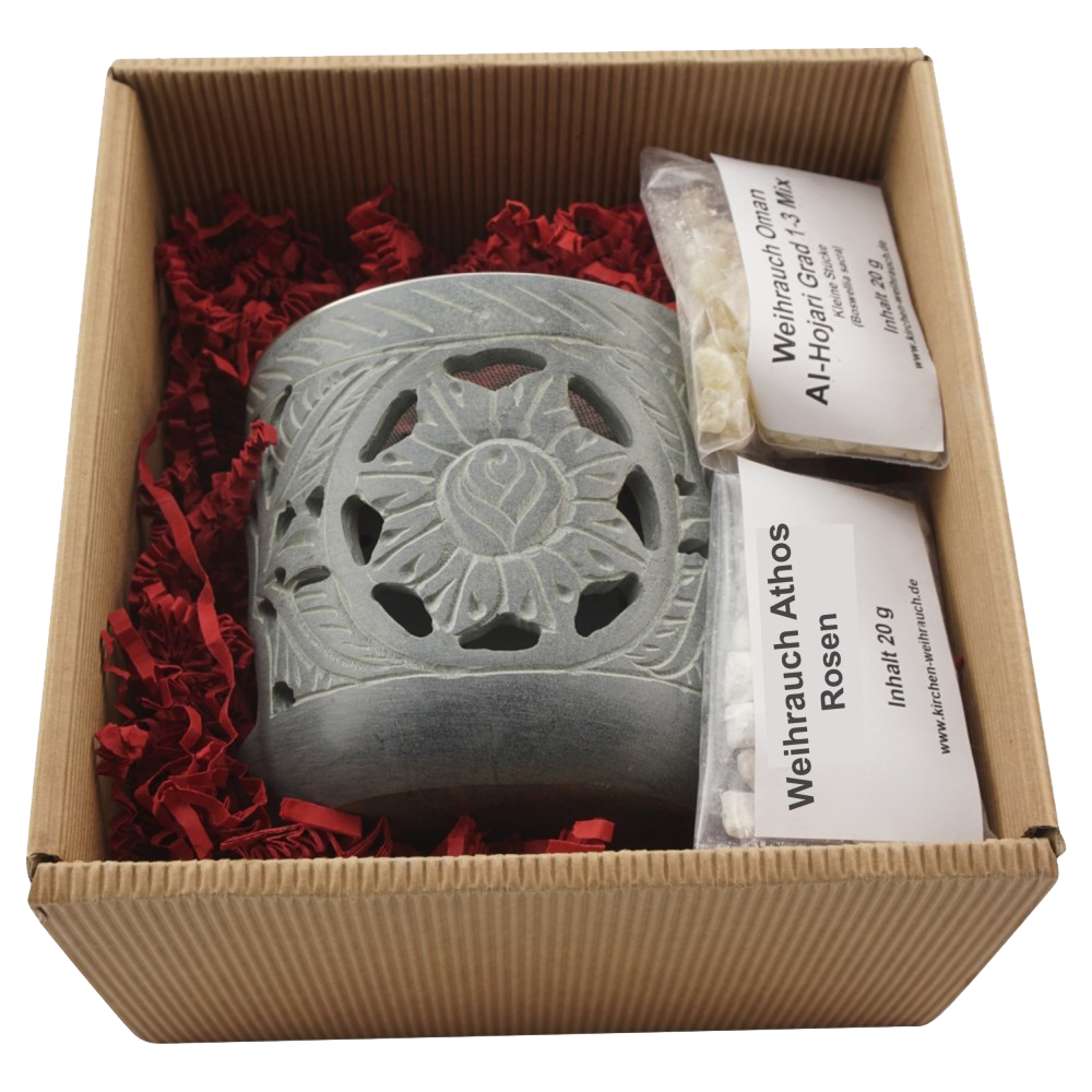 Geschenkset „Shiva“ – Räucherstövchen Speckstein mit Edelstahlsieb, Metallscheibe & Premium-Weihrauch Al-Hojari Mix & Athos Rosen – Hochwertige Geschenkbox