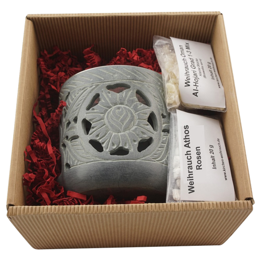 Geschenkset „Shiva“ – Räucherstövchen Speckstein mit Edelstahlsieb, Metallscheibe & Premium-Weihrauch Al-Hojari Mix & Athos Rosen – Hochwertige Geschenkbox