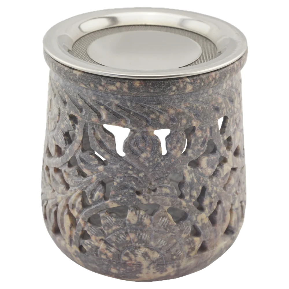 Räucherstövchen “Jamal” aus indischem Speckstein – Grautöne, handgefertigt – Mit Edelstahlsieb & Metallscheibe für sanftes Räuchern von Weihrauch & Kräutern