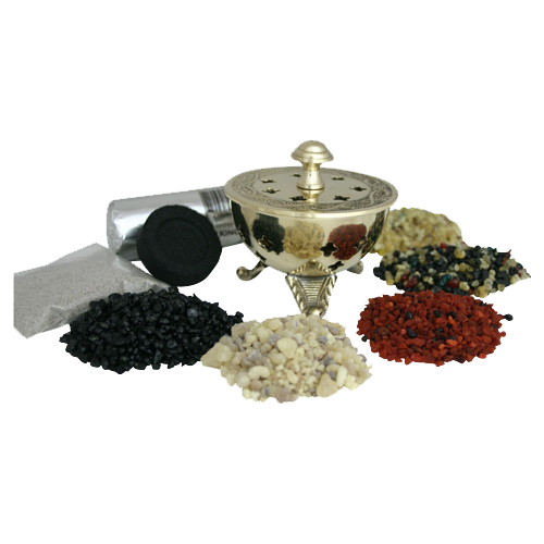 Räucherset Weihrauchschale mit gehämmertem Dreifuß – 8-teilig – 20 g Oman-Weihrauch Ecclesia, 4x Kirchenweihrauch, Messingschale D 8 cm, Räuchersand & Kohle