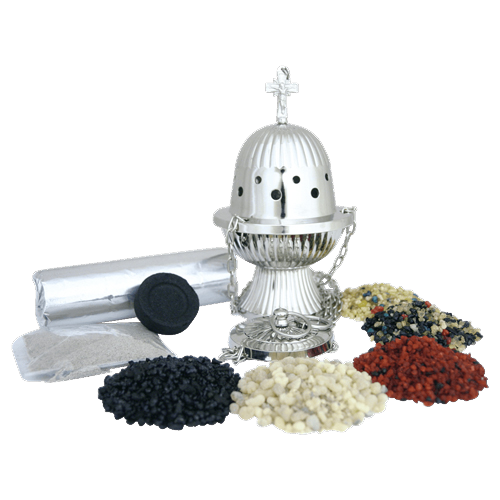 Räucherset Strahlen – 8-teilig – Oman-Weihrauch Ecclesia, 4x Kirchenweihrauch, Räuchersand & Kohle 40 mm