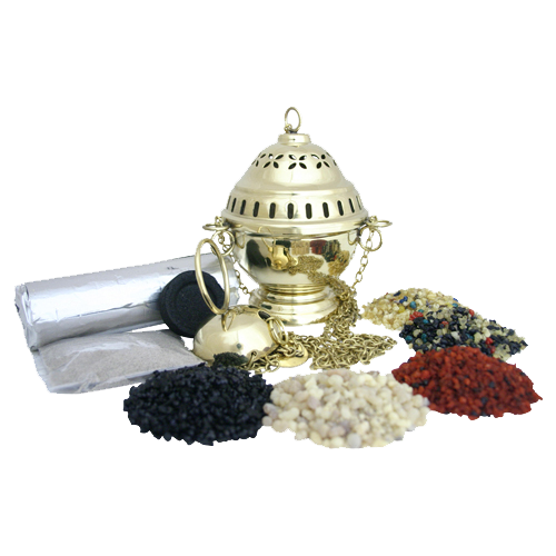 Räucherset Byzanz – 8-teilig – 20 g Oman-Weihrauch Ecclesia, 4x Kirchenweihrauch, Weihrauchfass H 14 cm, Räuchersand & Kohle