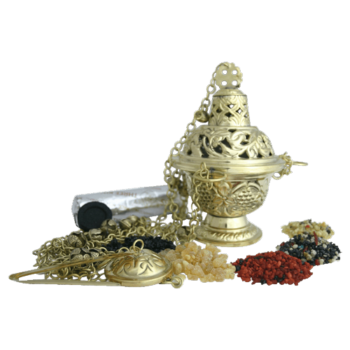 Räucherset Dreikönige – 8-teilig – 20 g Oman-Weihrauch Ecclesia, 4x Kirchenweihrauch, Weihrauchfass H 17 cm mit Glöckchen, Räucherzange & Kohle