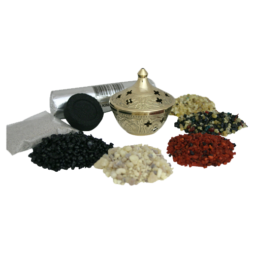 Räucherset mit Weihrauchschale D7 – Handgefertigtes Messinggefäß mit Gitter | 5 Weihrauchsorten & Räucherzubehör für traditionelle Kohleräucherung