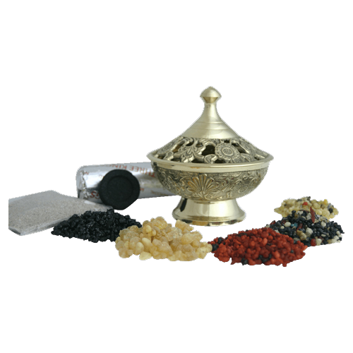 Räucherset Weihrauchschale Rosette – 8-teilig – 20 g Oman-Weihrauch Ecclesia, 4x Kirchenweihrauch, Messingschale D 9,5 cm, Räuchersand & Kohle