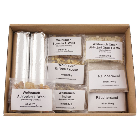 Räucherset „Die ganze Welt des Räucherns“ 9-tlg. – 5 Weihrauchsorten, Räuchersand & Kohle – Im Geschenkkarton mit Anleitung
