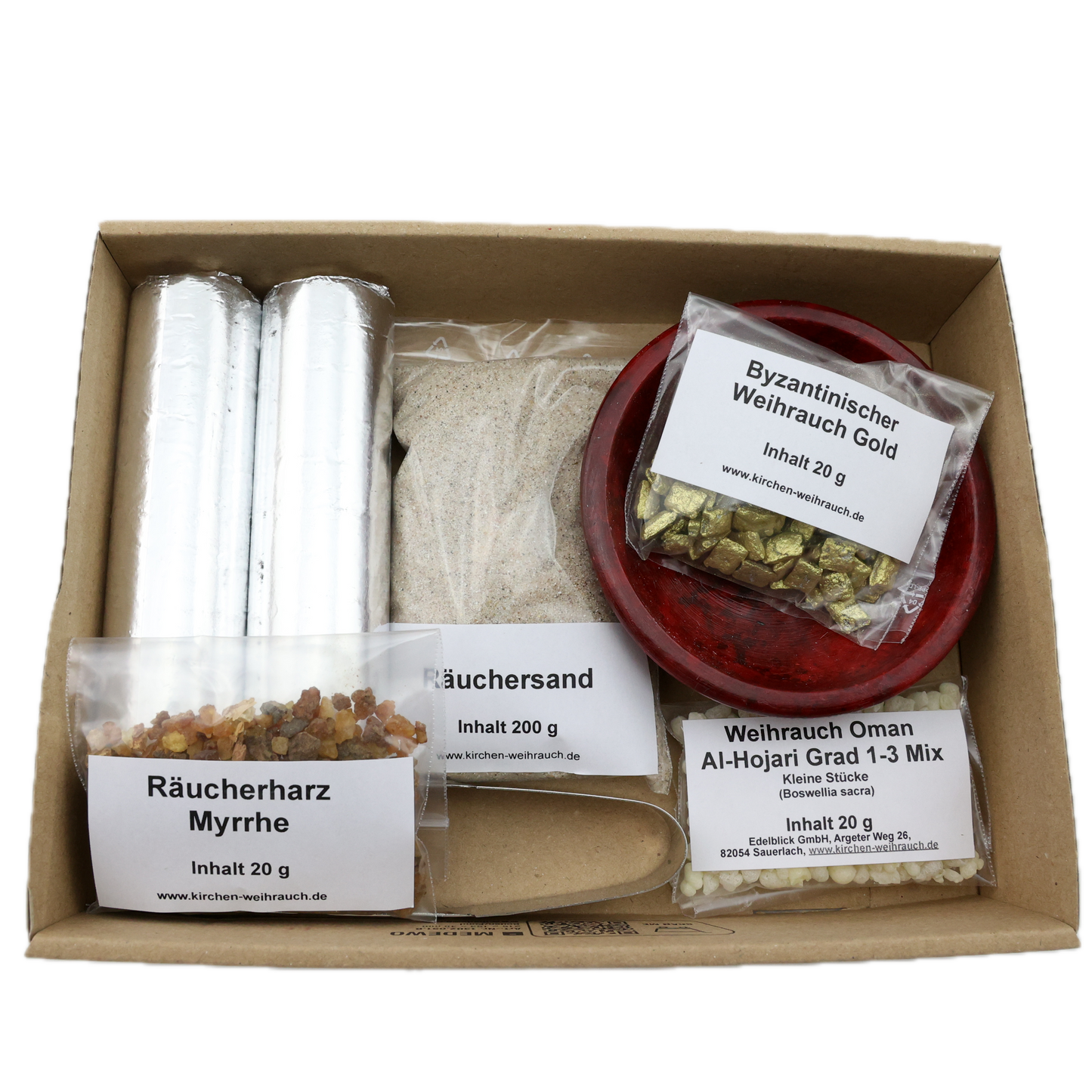 Räucherset „Gold - Weihrauch - Myrrhe“ 9-tlg. – 20 g Oman-Weihrauch, Myrrhe & Byzantinischer Weihrauch – Im Geschenkkarton mit Anleitung