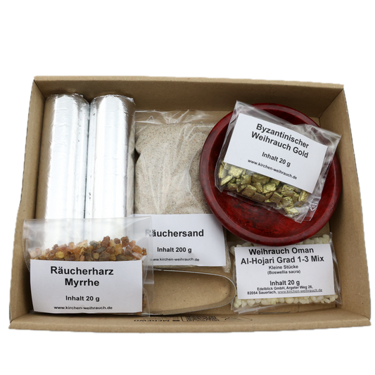 Räucherset „Gold - Weihrauch - Myrrhe“ 9-tlg. – 20 g Oman-Weihrauch, Myrrhe & Byzantinischer Weihrauch – Im Geschenkkarton mit Anleitung