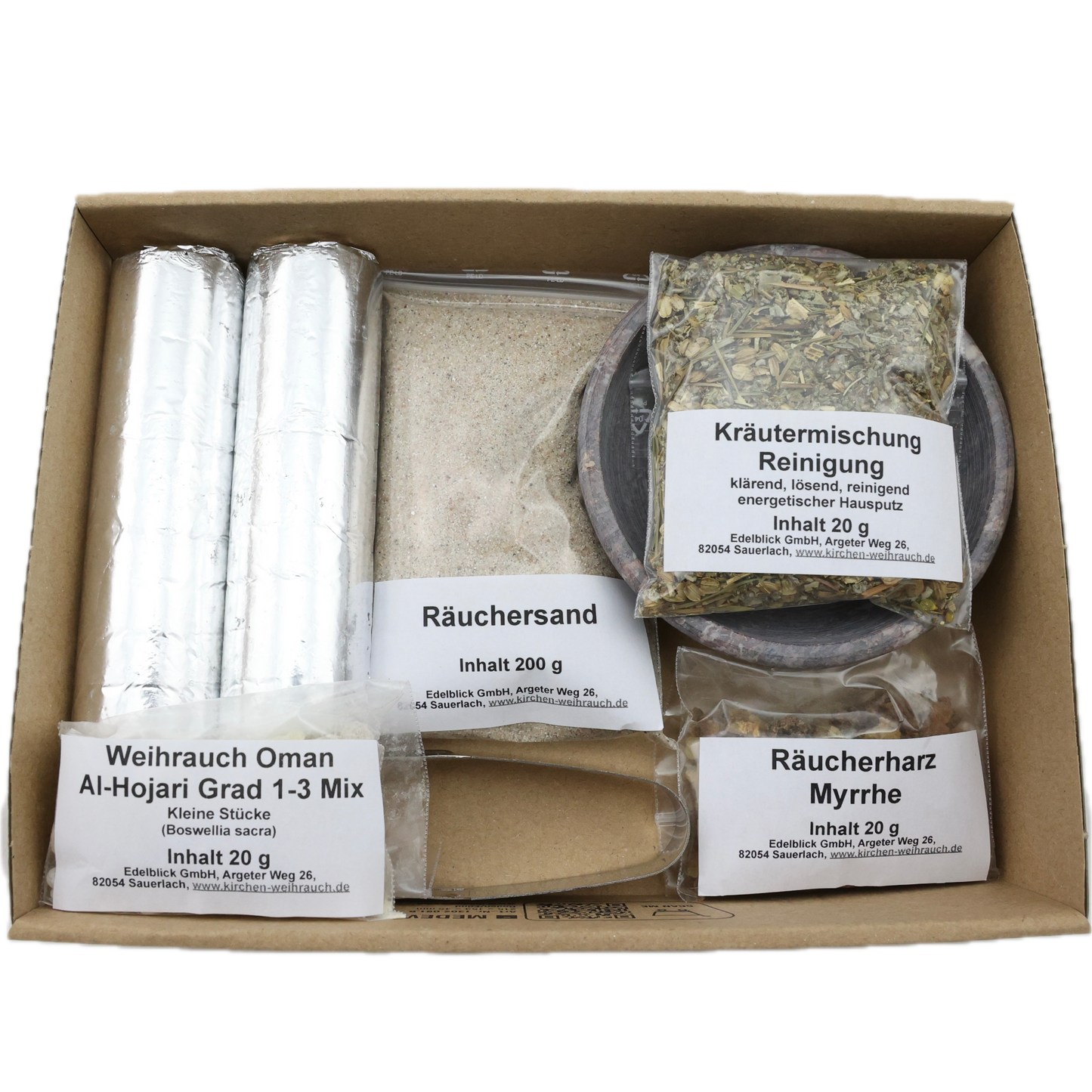 Räucherset „Hausreinigung“ 9-tlg. – 20 g Premium Oman Al-Hojari, Myrrhe & Kräutermischung Reinigung, Specksteinschale, Räuchersand & Kohle – Im Geschenkkarton mit Anleitung