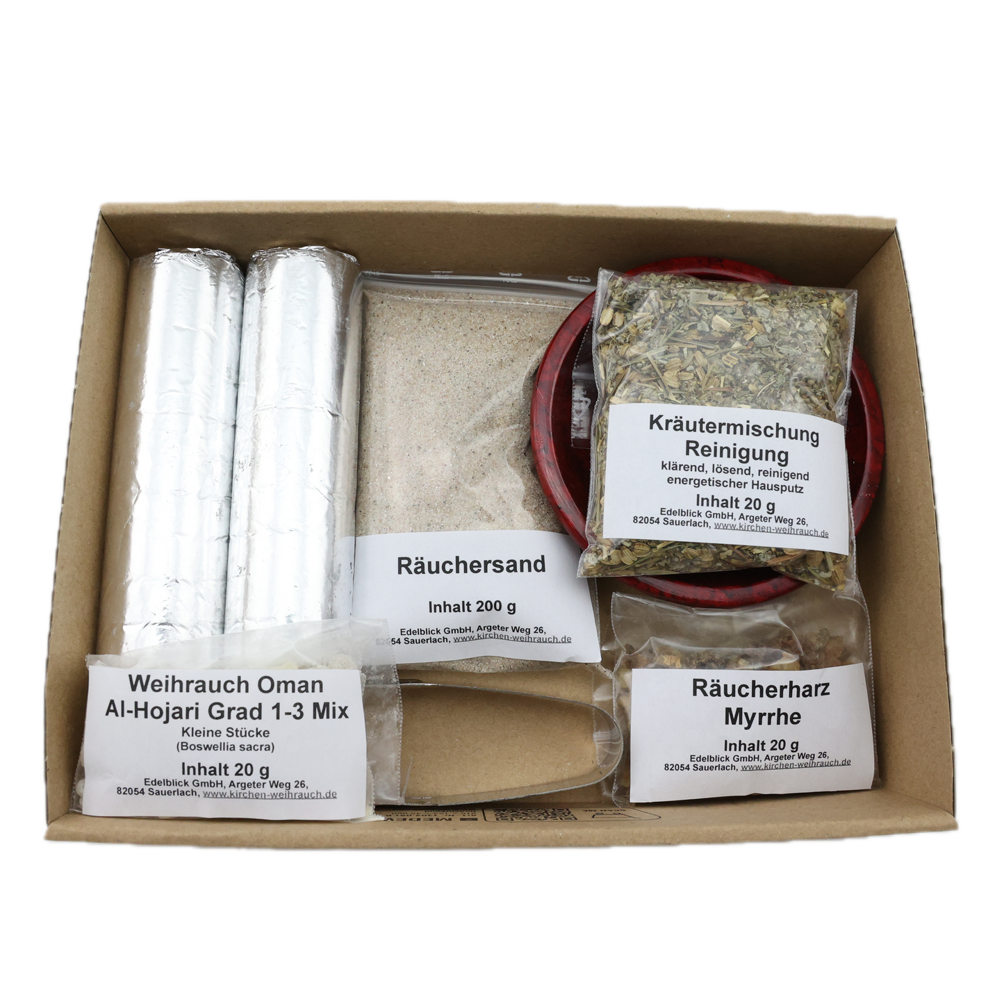 Räucherset „Hausreinigung“ 9-tlg. – 20 g Premium Oman Al-Hojari, Myrrhe & Kräutermischung Reinigung, Specksteinschale, Räuchersand & Kohle – Im Geschenkkarton mit Anleitung