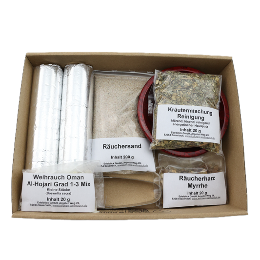 Räucherset „Hausreinigung“ 9-tlg. – 20 g Premium Oman Al-Hojari, Myrrhe & Kräutermischung Reinigung, Specksteinschale, Räuchersand & Kohle – Im Geschenkkarton mit Anleitung