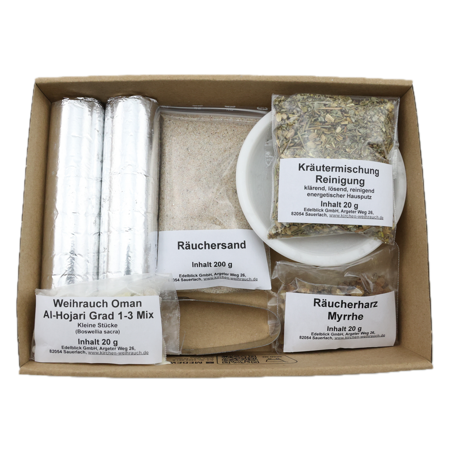 Räucherset „Hausreinigung“ 9-tlg. – 20 g Premium Oman Al-Hojari, Myrrhe & Kräutermischung Reinigung, Specksteinschale, Räuchersand & Kohle – Im Geschenkkarton mit Anleitung