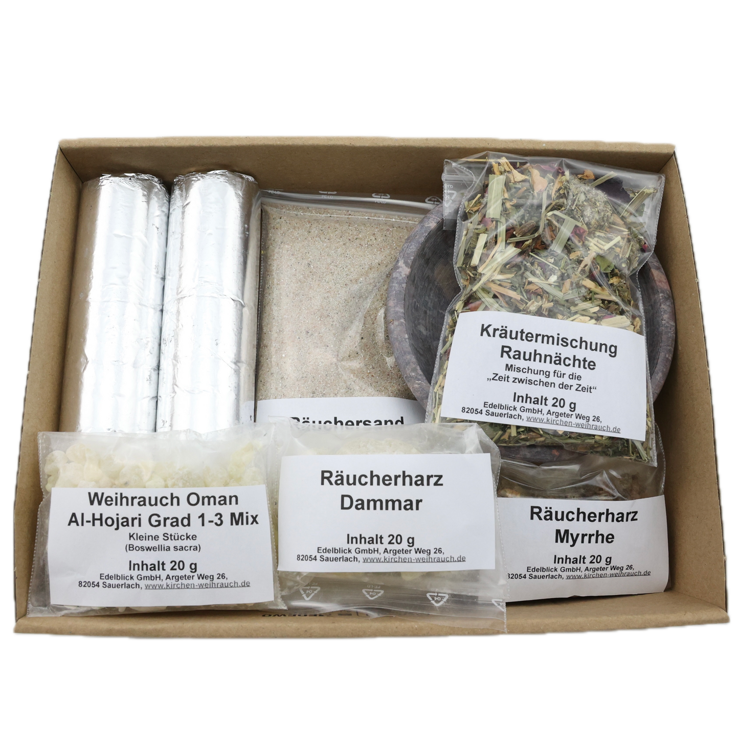 Räucherset „Rauhnächte“ 10-tlg. – 20 g Kräutermischung, Premium Oman Al-Hojari, Myrrhe & Dammar, Specksteinschale, Räuchersand & Kohle – Im Geschenkkarton mit Anleitung