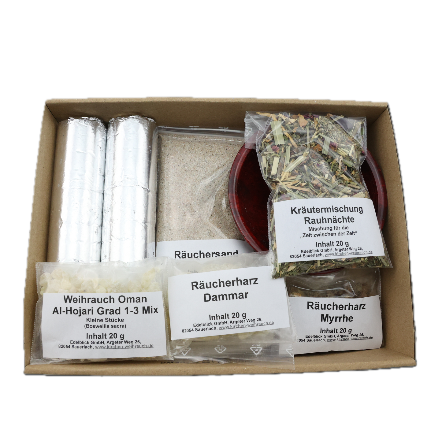 Räucherset „Rauhnächte“ 10-tlg. – 20 g Kräutermischung, Premium Oman Al-Hojari, Myrrhe & Dammar, Specksteinschale, Räuchersand & Kohle – Im Geschenkkarton mit Anleitung