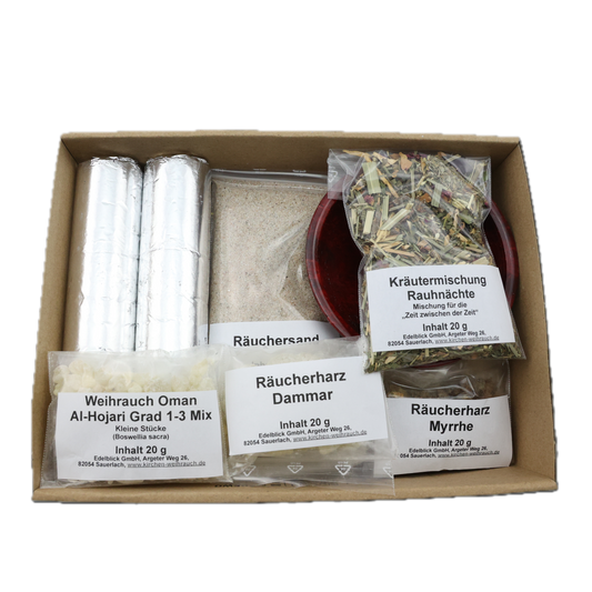 Räucherset „Rauhnächte“ 10-tlg. – 20 g Kräutermischung, Premium Oman Al-Hojari, Myrrhe & Dammar, Specksteinschale, Räuchersand & Kohle – Im Geschenkkarton mit Anleitung