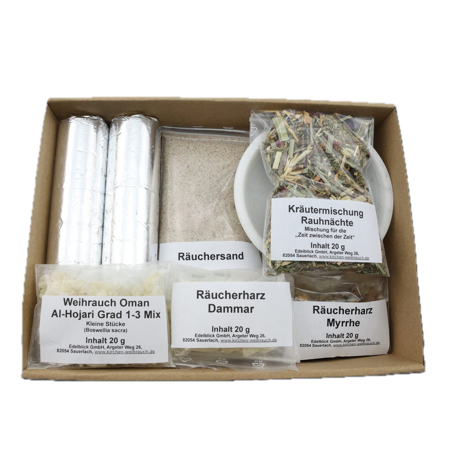 Räucherset „Rauhnächte“ 10-tlg. – 20 g Kräutermischung, Premium Oman Al-Hojari, Myrrhe & Dammar, Specksteinschale, Räuchersand & Kohle – Im Geschenkkarton mit Anleitung