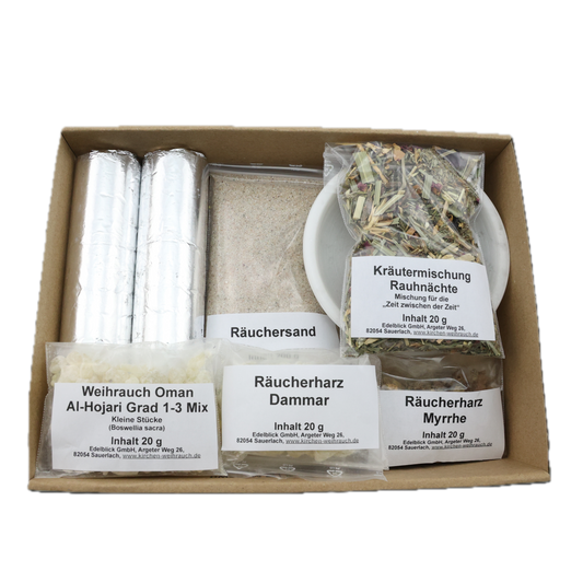 Räucherset „Rauhnächte“ 10-tlg. – 20 g Kräutermischung, Premium Oman Al-Hojari, Myrrhe & Dammar, Specksteinschale, Räuchersand & Kohle – Im Geschenkkarton mit Anleitung