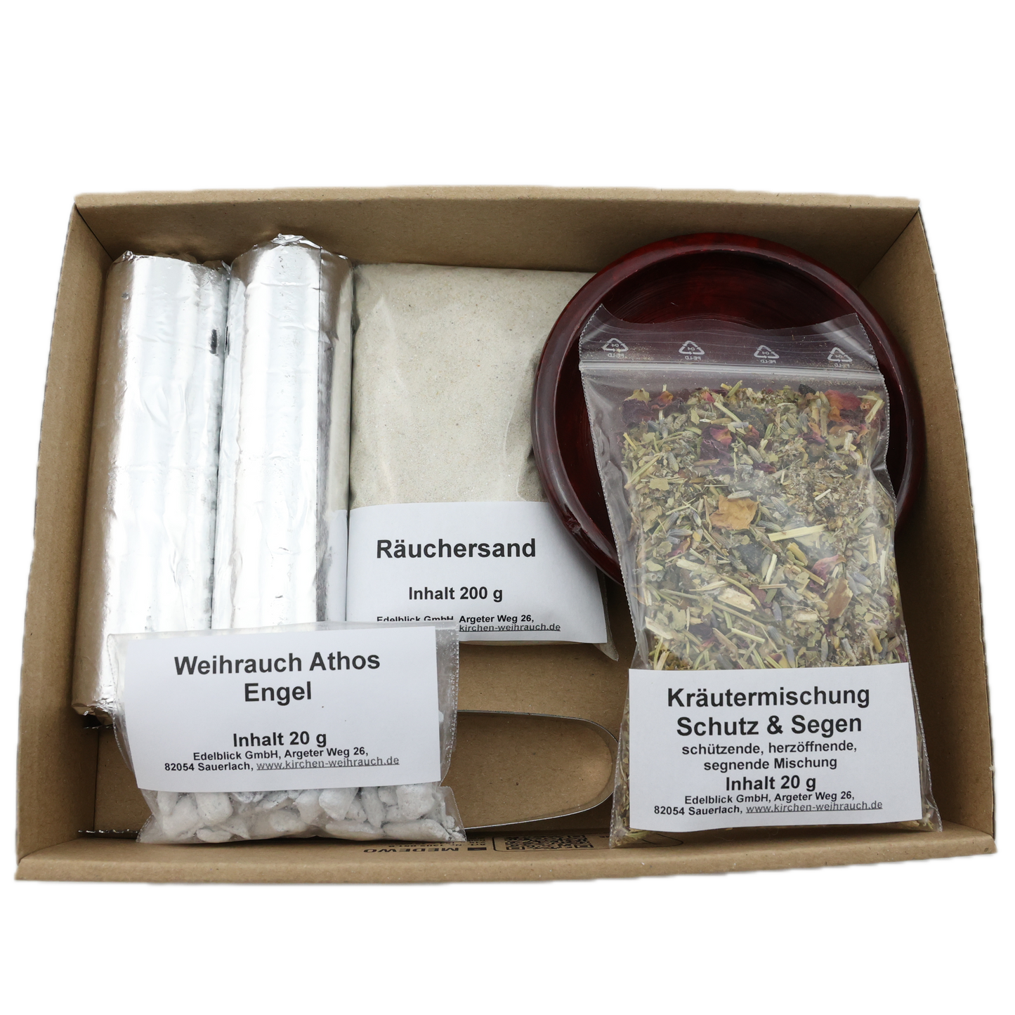 Räucherset „Schutz und Segen“ 8-tlg. – 20 g Kräutermischung & Weihrauch, Räuchersand & Kohle – Im Geschenkkarton mit Anleitung