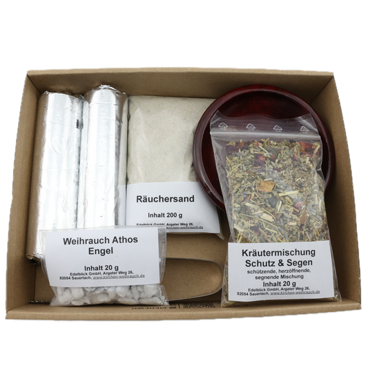 Räucherset „Schutz und Segen“ 8-tlg. – 20 g Kräutermischung & Weihrauch, Räuchersand & Kohle – Im Geschenkkarton mit Anleitung