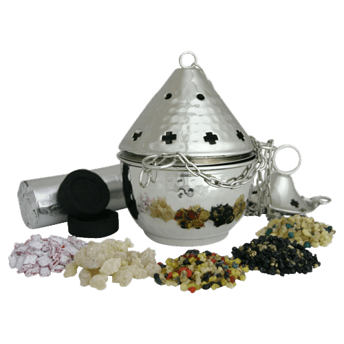 Räucherset mit Weihrauchfass H 14 cm – mit je 20 g Weihrauch Athos Rosen, Reiner Weihrauch, Weihrauch Paradies, Weihrauch Lourdes Gold, Weihrauch Dreikönig – Weihrauchfass H 14 cm – mit 10 Räucherkohlen (40mm)