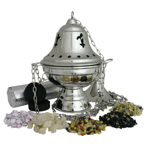 Räucherset mit Weihrauchfass H 19 cm – 7-teilig – Weihrauch Athos Rosen, Reiner Weihrauch & mehr, Räucherkohle 40 mm