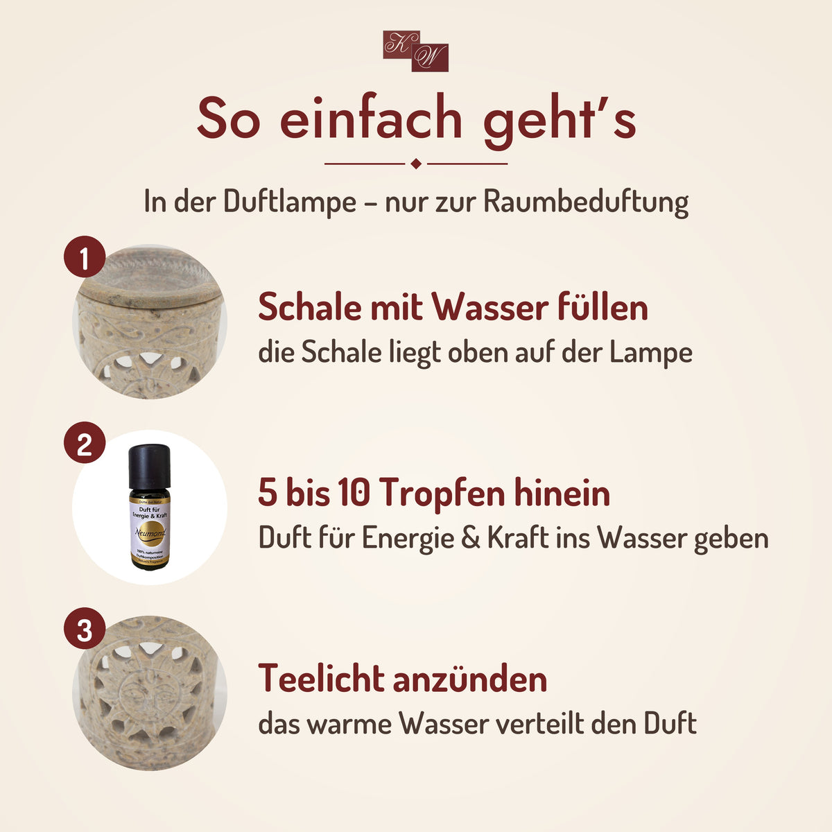 So geht’s: Duft für Energie & Kraft in der Duftlampe – Schale mit Wasser füllen, Öl hineintropfen, Teelicht anzünden