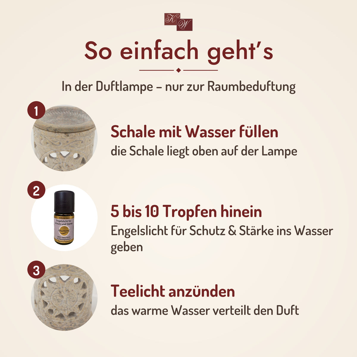 So geht’s: Engelslicht für Schutz & Stärke in der Duftlampe – Schale mit Wasser füllen, Öl hineintropfen, Teelicht anzünden