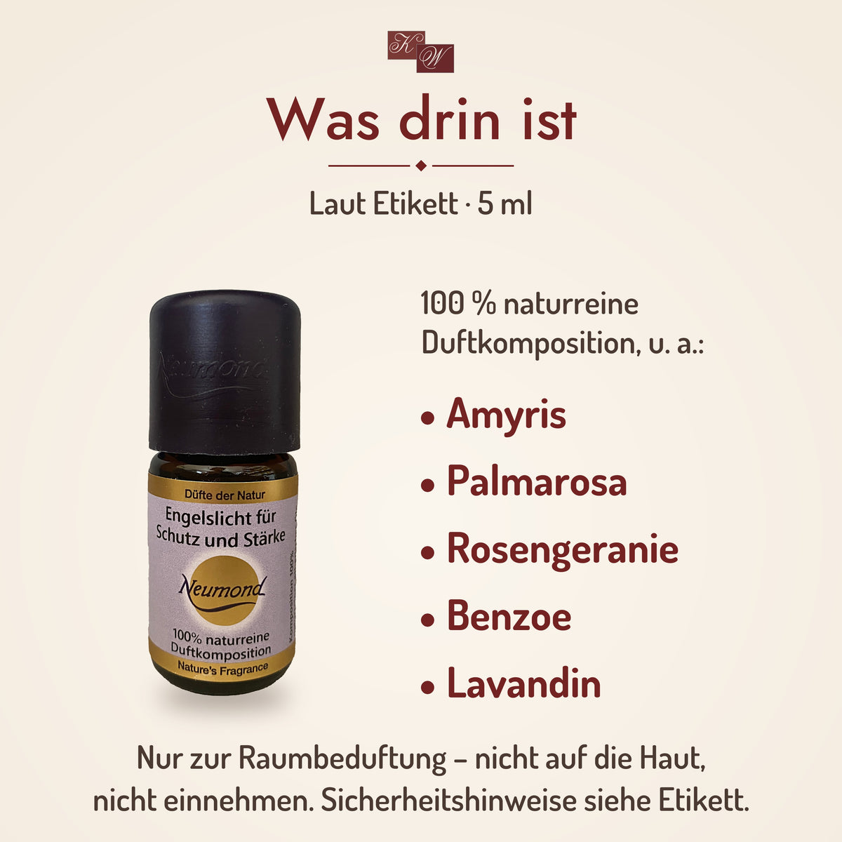 Was drin ist: Engelslicht für Schutz & Stärke laut Etikett – Amyris, Palmarosa, Rosengeranie, Benzoe, Lavandin – nur zur Raumbeduftung