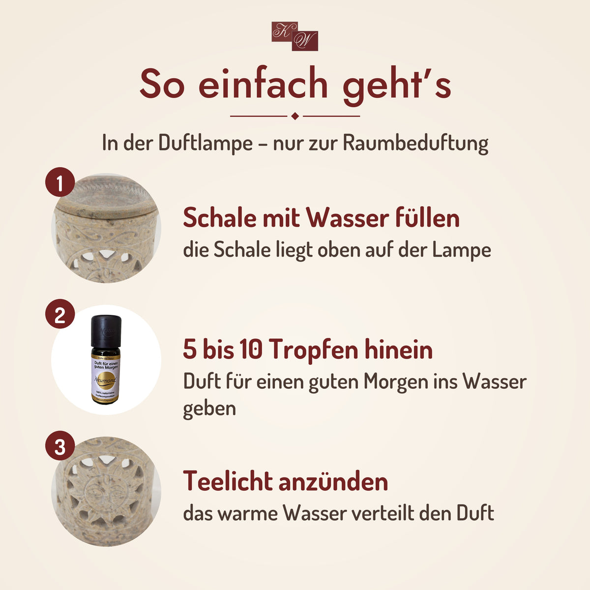 So geht’s: Duft für einen guten Morgen in der Duftlampe – Schale mit Wasser füllen, Öl hineintropfen, Teelicht anzünden