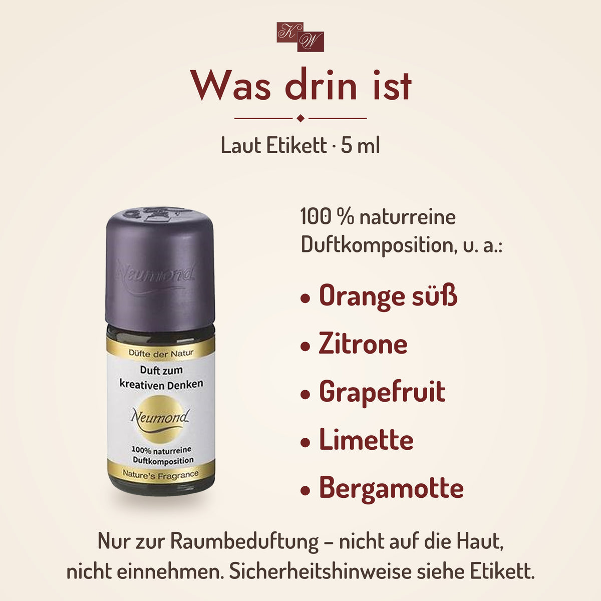 Was drin ist: Duft zum kreativen Denken laut Etikett – Orange süß, Zitrone, Grapefruit, Limette, Bergamotte – nur zur Raumbeduftung