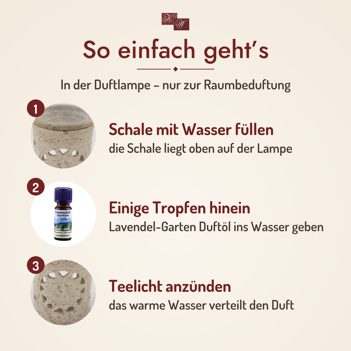 So geht’s: Lavendel-Garten Duftöl in der Duftlampe – Schale mit Wasser füllen, Öl hineintropfen, Teelicht anzünden