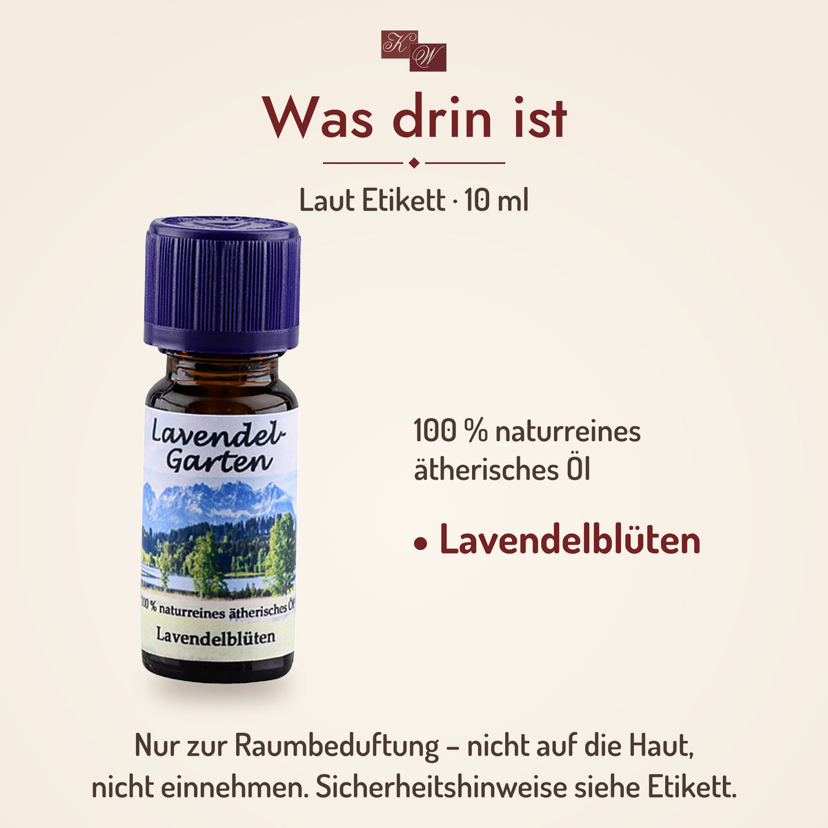 Was drin ist: Lavendel-Garten Duftöl laut Etikett – Lavendelblüten – nur zur Raumbeduftung
