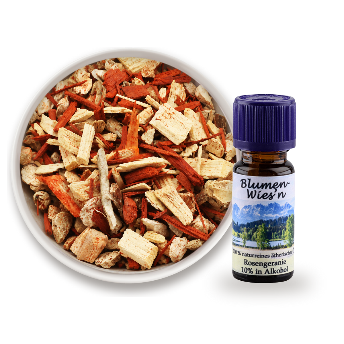 Duftöl- und Räucherset Blumen-Wies’n – Blumen-Wies’n (10 ml) und Adlers Meistermischung in einer weißen Schale